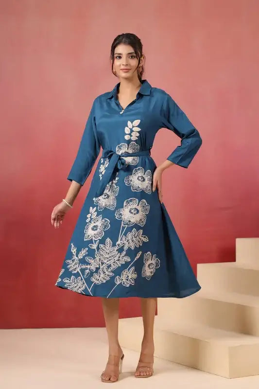 Blue Floral Russian Silk Midi Dress