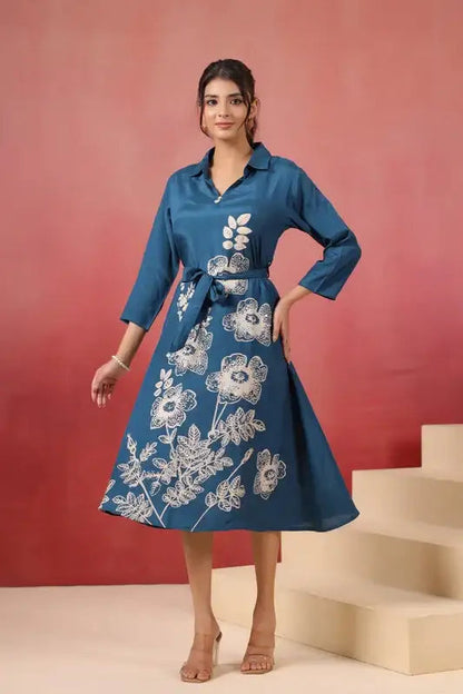 Blue Floral Russian Silk Midi Dress