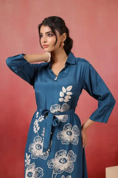 Blue Floral Russian Silk Midi Dress