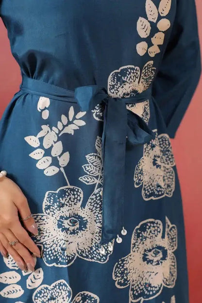 Blue Floral Russian Silk Midi Dress