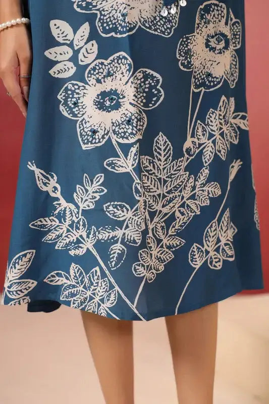 Blue Floral Russian Silk Midi Dress