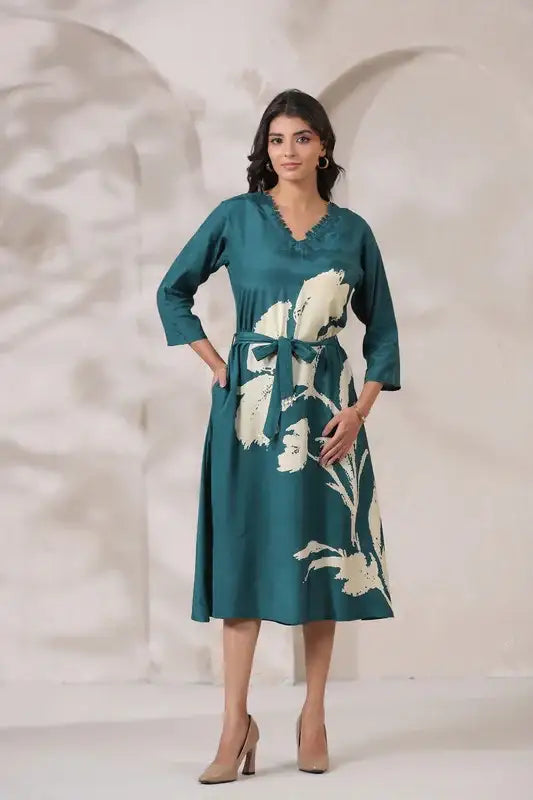 Teal Floral Russian Silk Midi Dress
