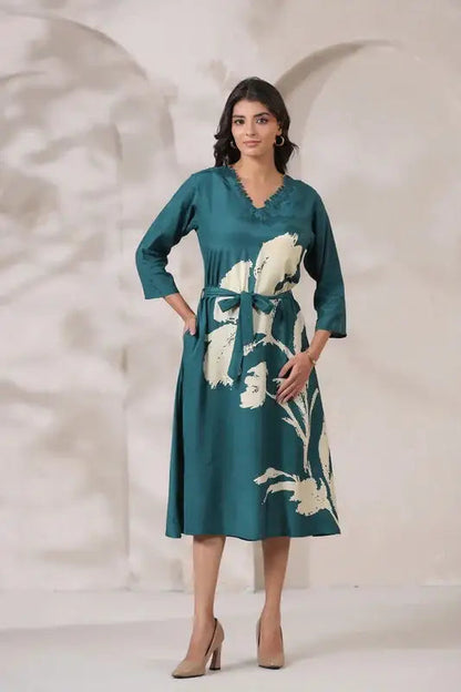Teal Floral Russian Silk Midi Dress