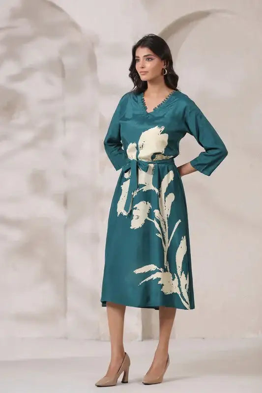 Teal Floral Russian Silk Midi Dress