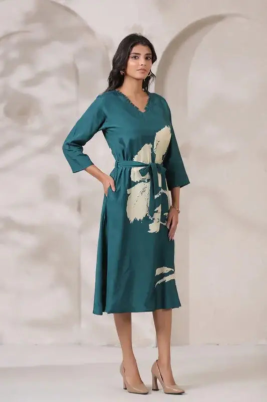 Teal Floral Russian Silk Midi Dress