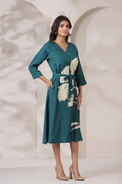 Teal Floral Russian Silk Midi Dress