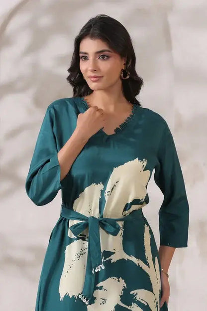 Teal Floral Russian Silk Midi Dress