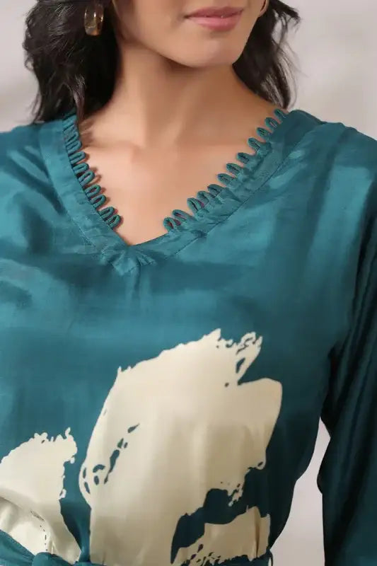 Teal Floral Russian Silk Midi Dress