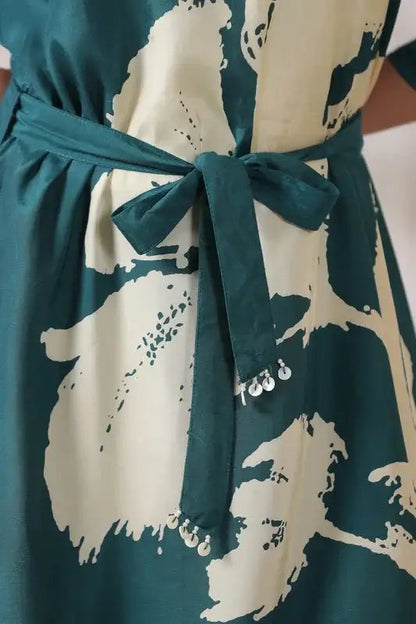 Teal Floral Russian Silk Midi Dress