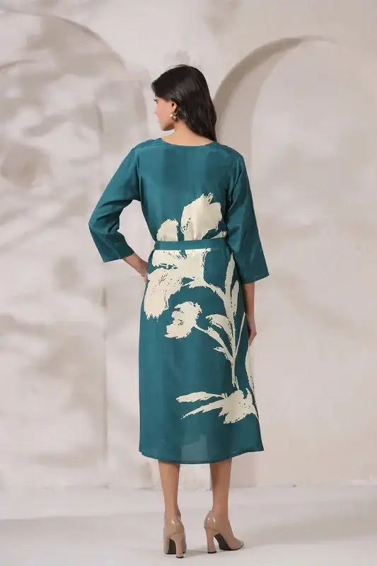 Teal Floral Russian Silk Midi Dress