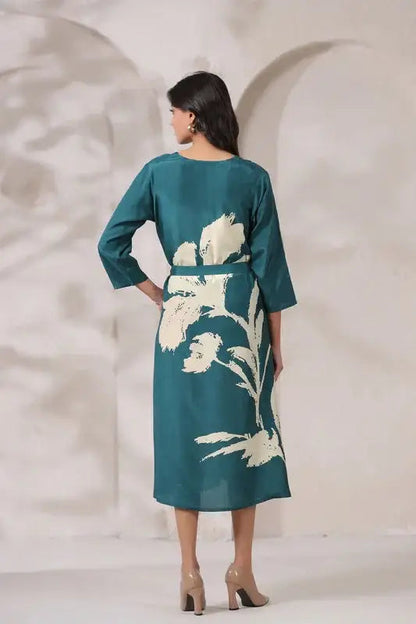 Teal Floral Russian Silk Midi Dress