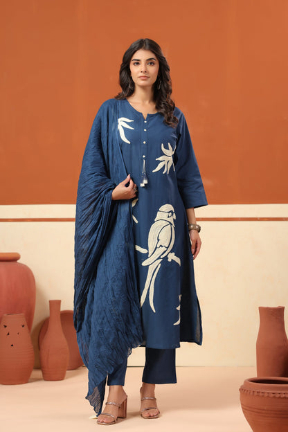 Blue Bird Nature-Inspired Cotton Straight Kurta Set with Crushed Dupatta