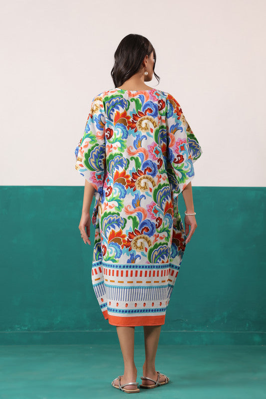 Multicoloured Floral Printed Cotton Tassel Tie-Up Kaftan