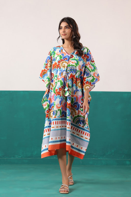 Multicoloured Floral Printed Cotton Tassel Tie-Up Kaftan