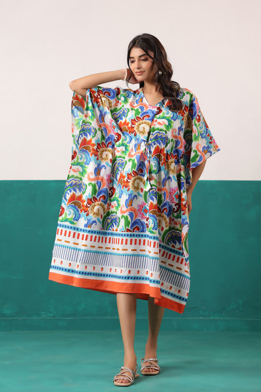 Multicoloured Floral Printed Cotton Tassel Tie-Up Kaftan