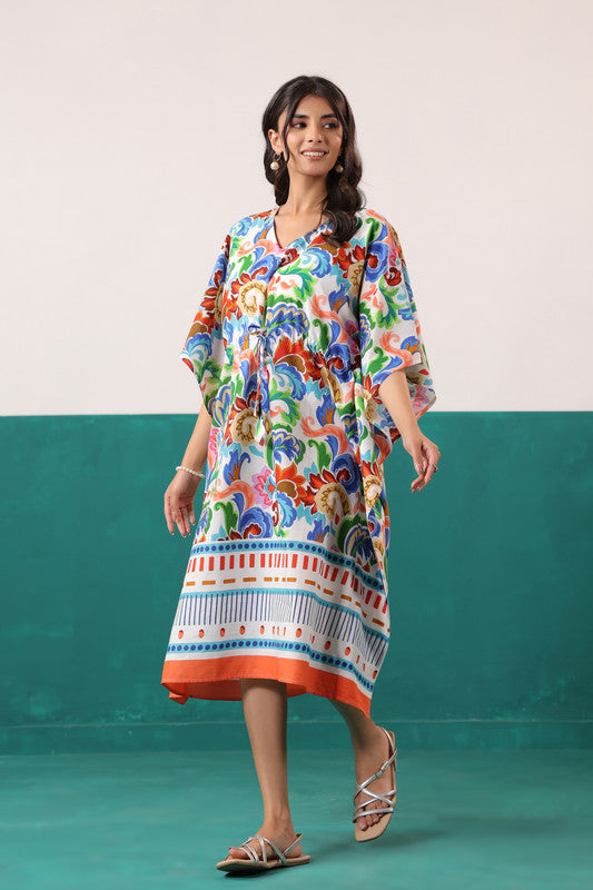 Multicoloured Floral Printed Cotton Tassel Tie-Up Kaftan