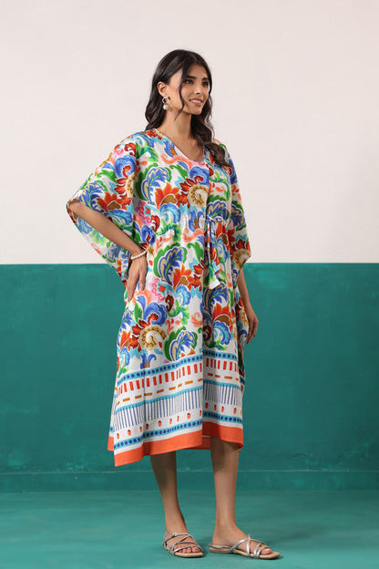 Multicoloured Floral Printed Cotton Tassel Tie-Up Kaftan