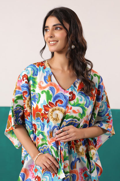 Multicoloured Floral Printed Cotton Tassel Tie-Up Kaftan