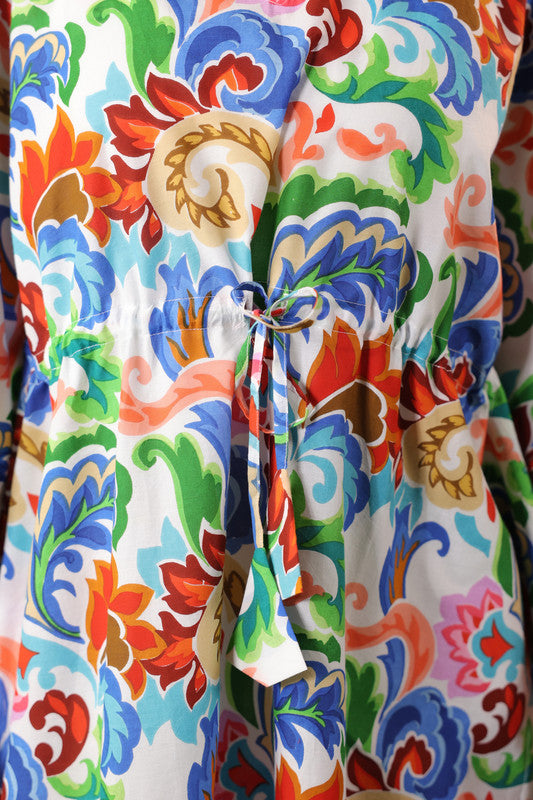 Multicoloured Floral Printed Cotton Tassel Tie-Up Kaftan
