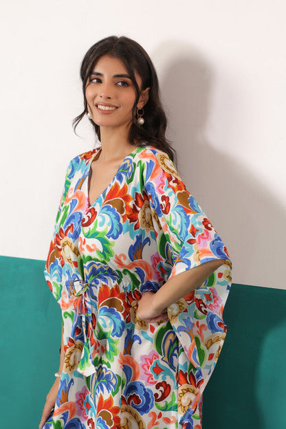 Multicoloured Floral Printed Cotton Tassel Tie-Up Kaftan