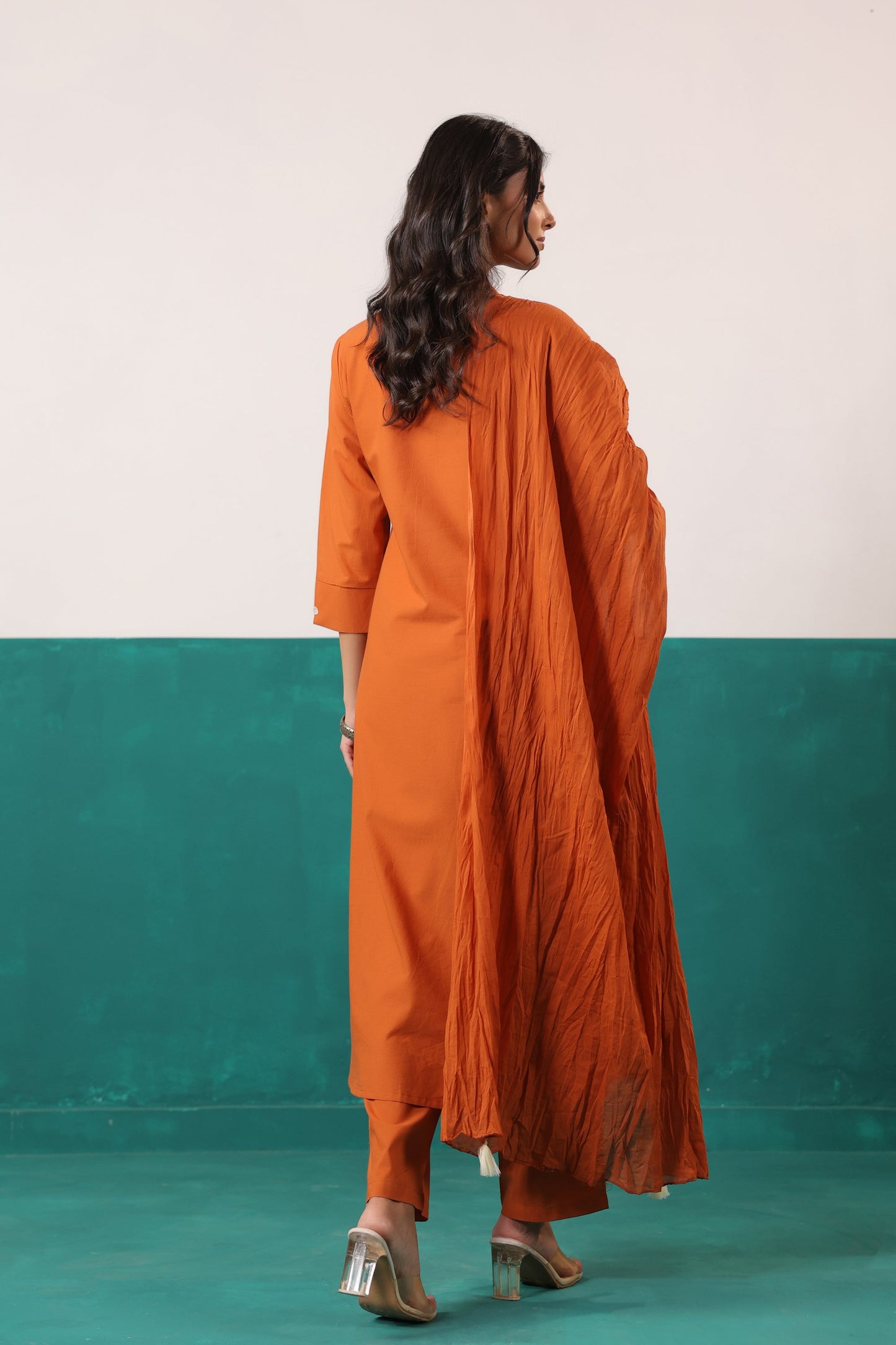 Rust Thread Work Embroidered Cotton Ethnic Kurta Set with Crushed Dupatta