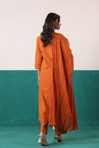 Rust Thread Work Embroidered Cotton Ethnic Kurta Set with Crushed Dupatta