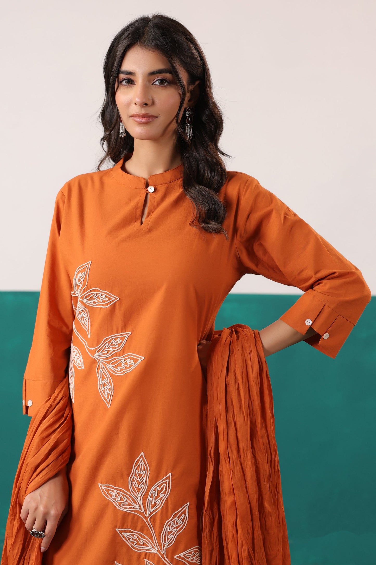 Rust Thread Work Embroidered Cotton Ethnic Kurta Set with Crushed Dupatta