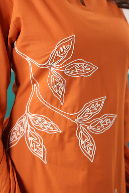 Rust Thread Work Embroidered Cotton Ethnic Kurta Set with Crushed Dupatta