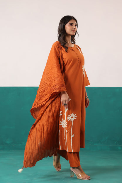 Rust Floral Embroidered Cotton Handwork Kurta Pant with Dupatta