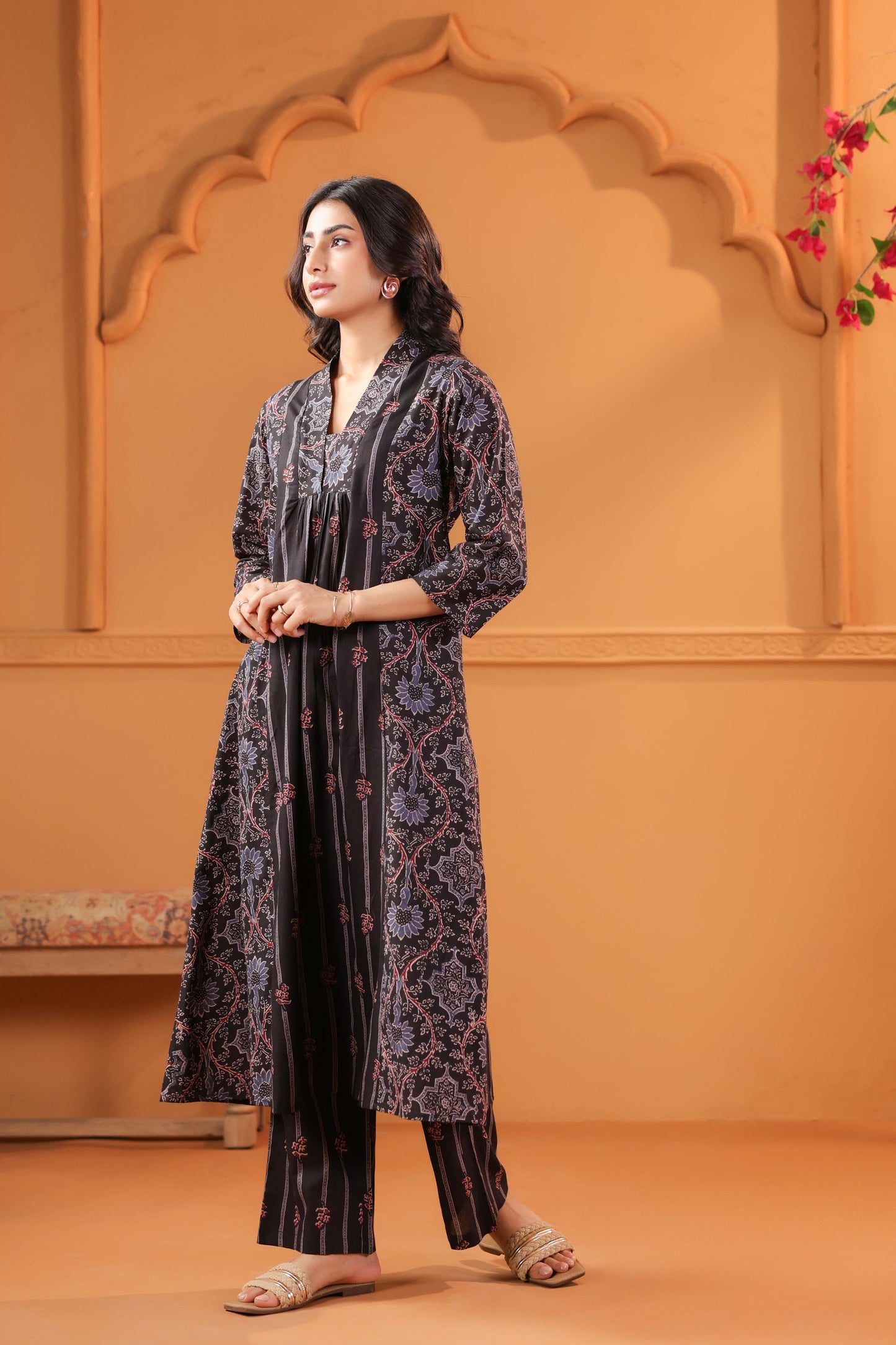 Black Classic Ajrakh Inspired Printed Cotton Kurta Set