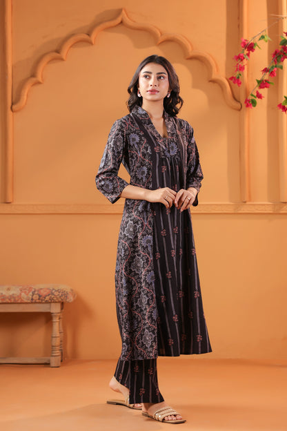 Black Classic Ajrakh Inspired Printed Cotton Kurta Set