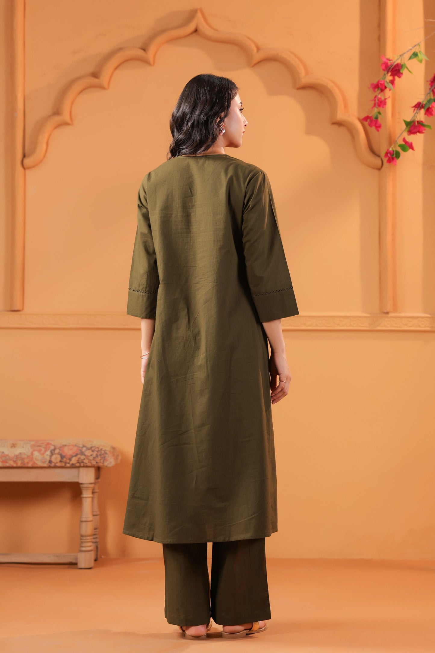Olive Solid Cotton Minimal Pleated A-Line Kurta Set