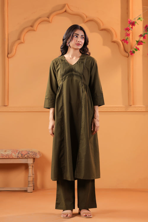 Olive Solid Cotton Minimal Pleated A-Line Kurta Set