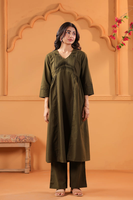 Olive Solid Cotton Minimal Pleated A-Line Kurta Set