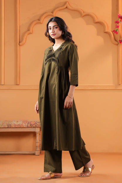Olive Solid Cotton Minimal Pleated A-Line Kurta Set