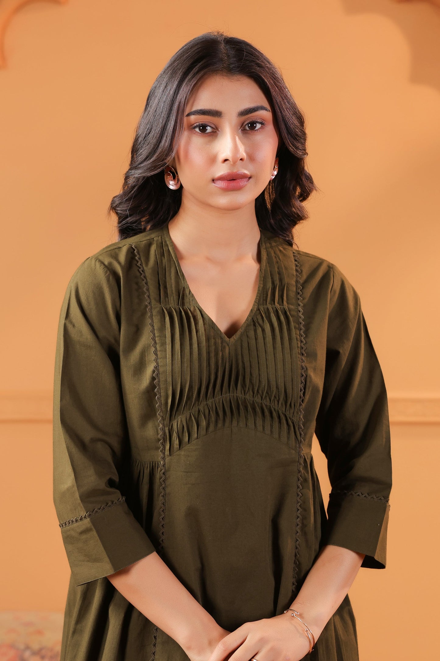 Olive Solid Cotton Minimal Pleated A-Line Kurta Set