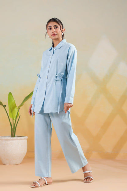 Sky Blue Solid Cotton Flex Shirt Style Waist-Tie Co-ord Set