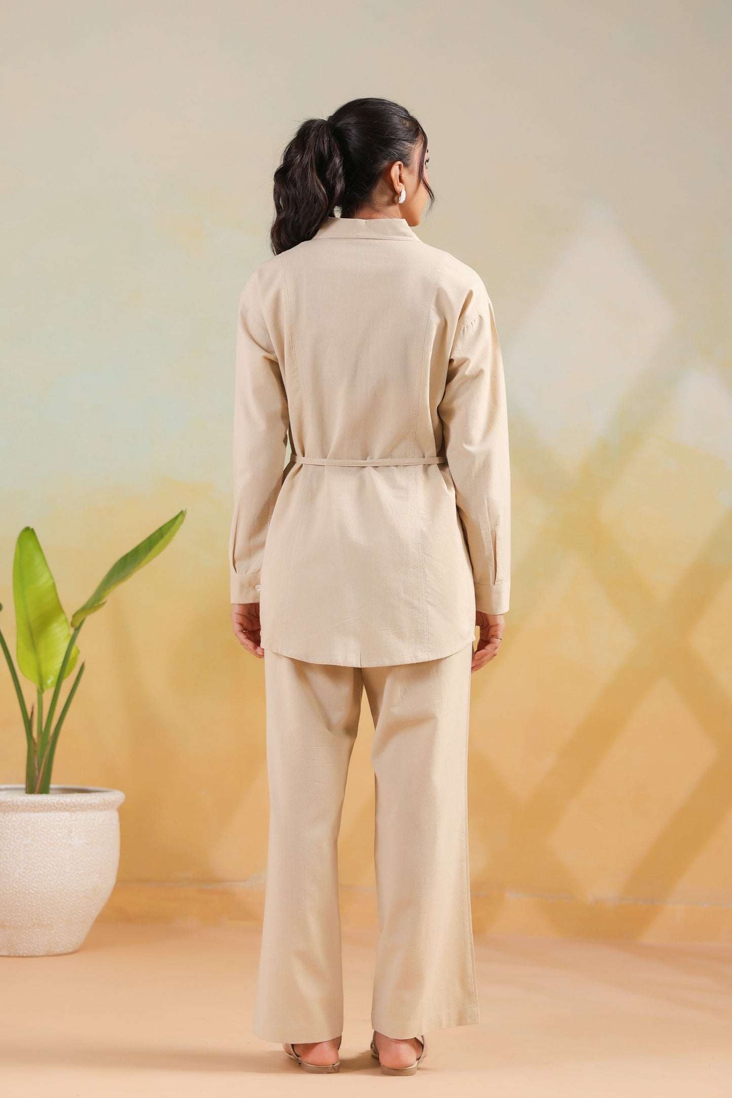 Beige Waist-Tie Structured Shirt Solid Cotton Flex Co-ord Set