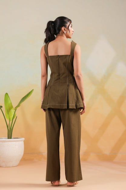 Olive Solid Cotton Flex Structured Peplum Designer Co-ord Set with Straight Pants