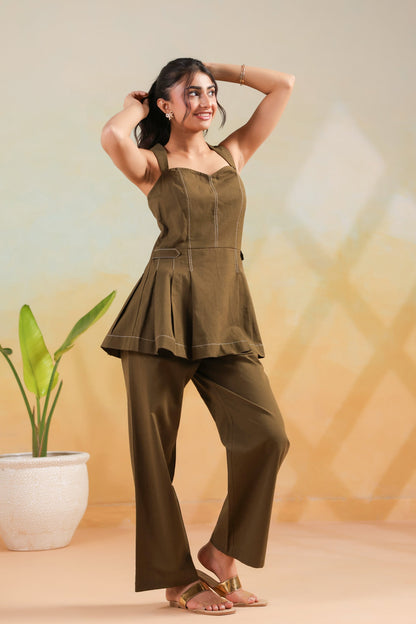 Olive Solid Cotton Flex Structured Peplum Designer Co-ord Set with Straight Pants