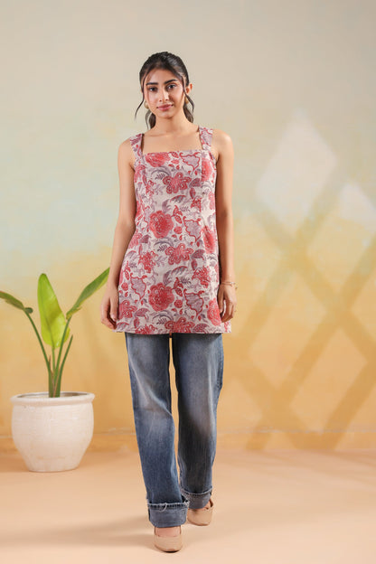 Beige & Red Floral Printed Cotton Strap Style Sleeveless Short Kurti