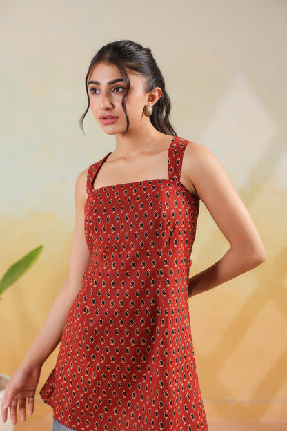 Red Mini Paisley Printed Cotton Summer Sleeveless Short Kurti