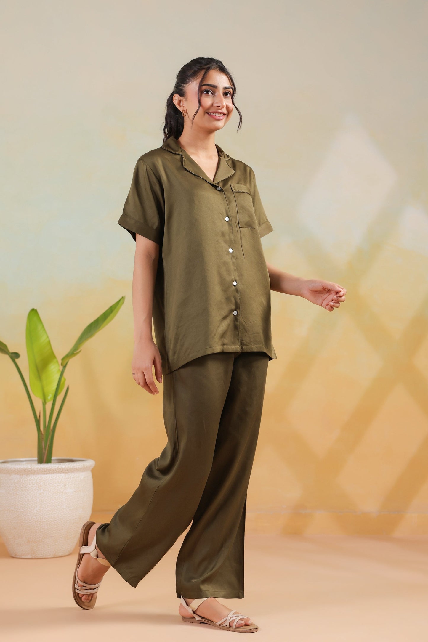 Olive Solid Button-Down Shirt Style Cotton Sleepwear Night Suit Set