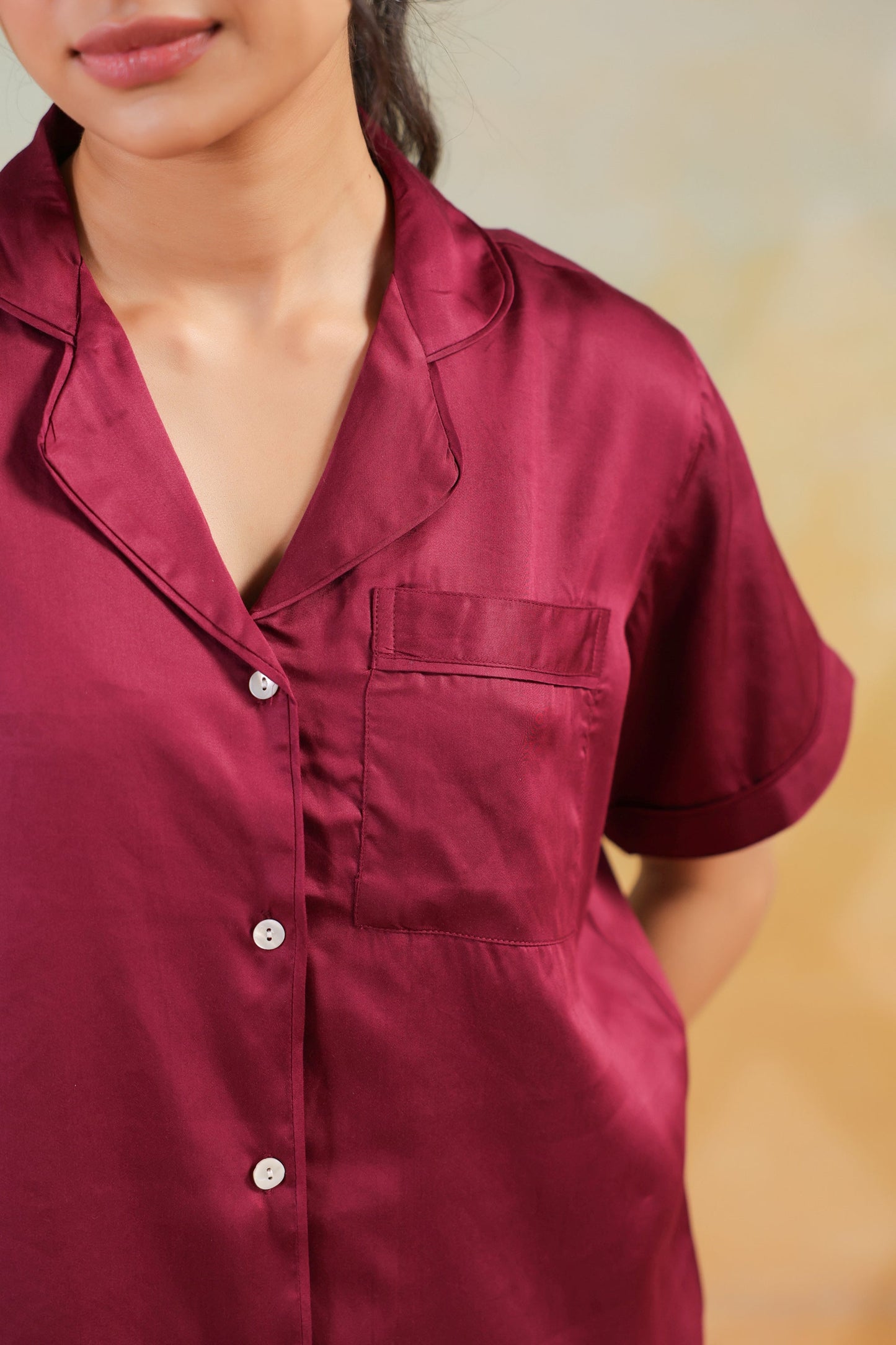 Wine Solid Shirt Comfort Cotton Nightwear Night Suit Set