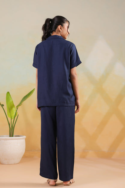 Navy Blue Solid Cotton Short Sleeve Shirt Button-Down Night Suit Set