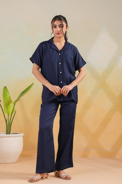 Navy Blue Solid Cotton Short Sleeve Shirt Button-Down Night Suit Set