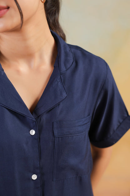 Navy Blue Solid Cotton Short Sleeve Shirt Button-Down Night Suit Set