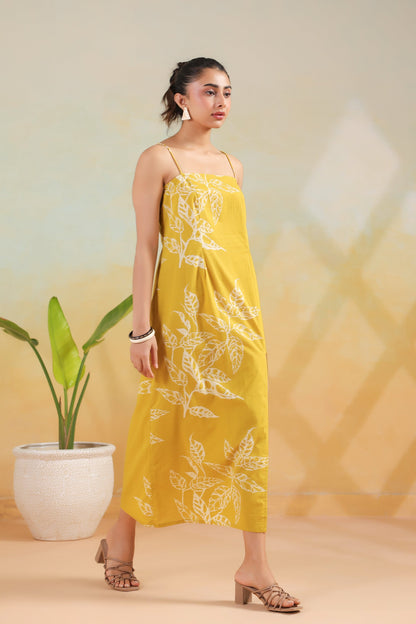 Mustard Leaf Printed Cotton Back Strappy Lace-Up Dress