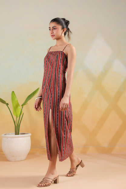 Maroon Tribal Stripe Printed Cotton Back Lace-Up  Dress