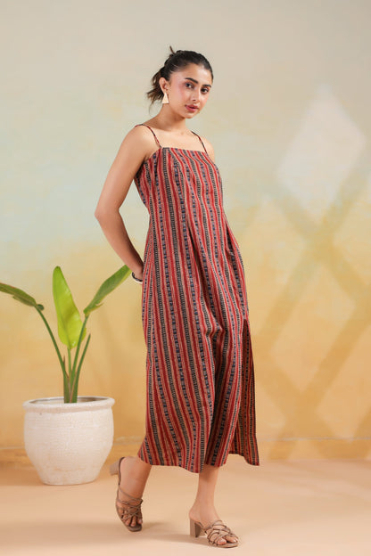 Maroon Tribal Stripe Printed Cotton Back Lace-Up  Dress